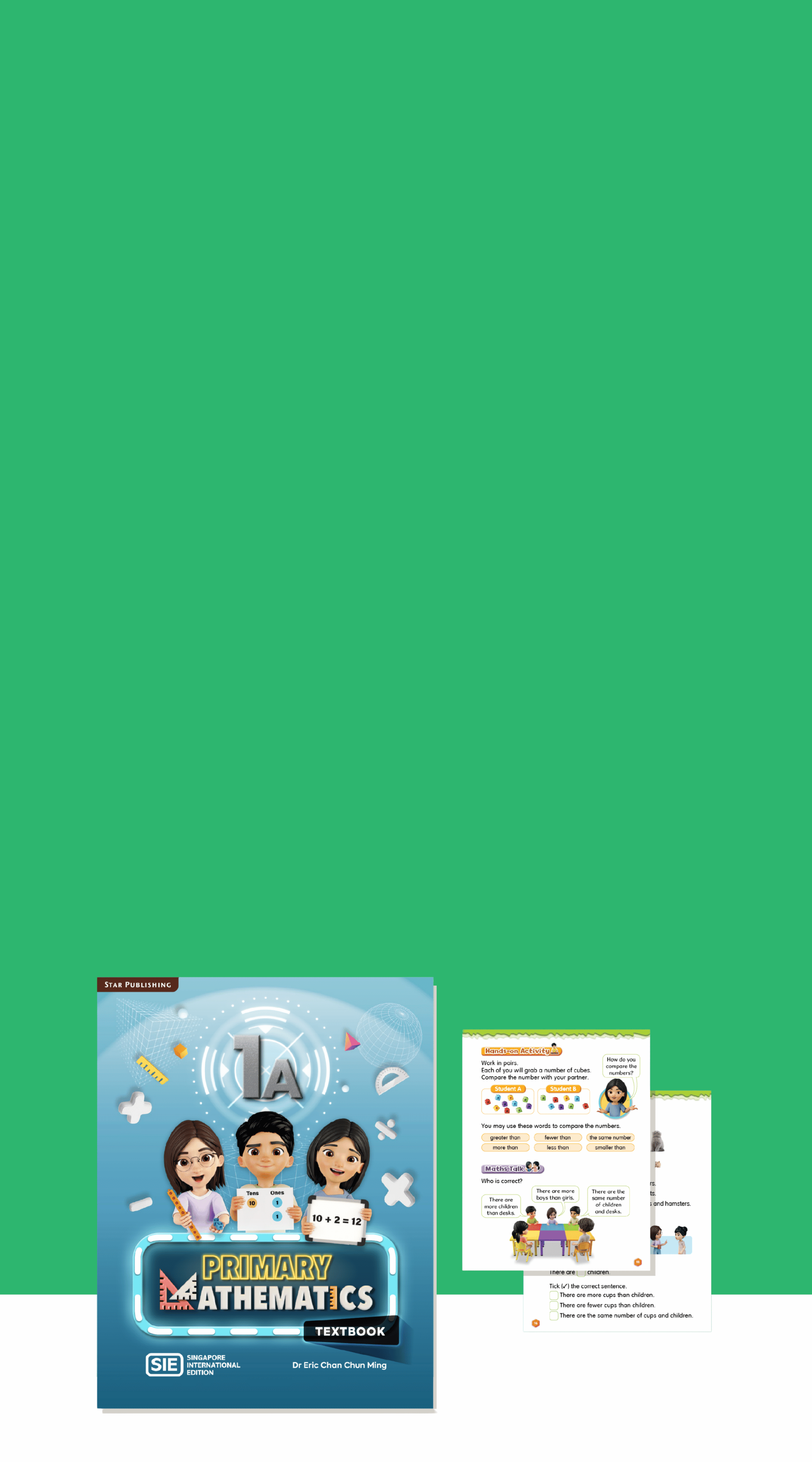 Mathematics textbook and worksheet on a green background