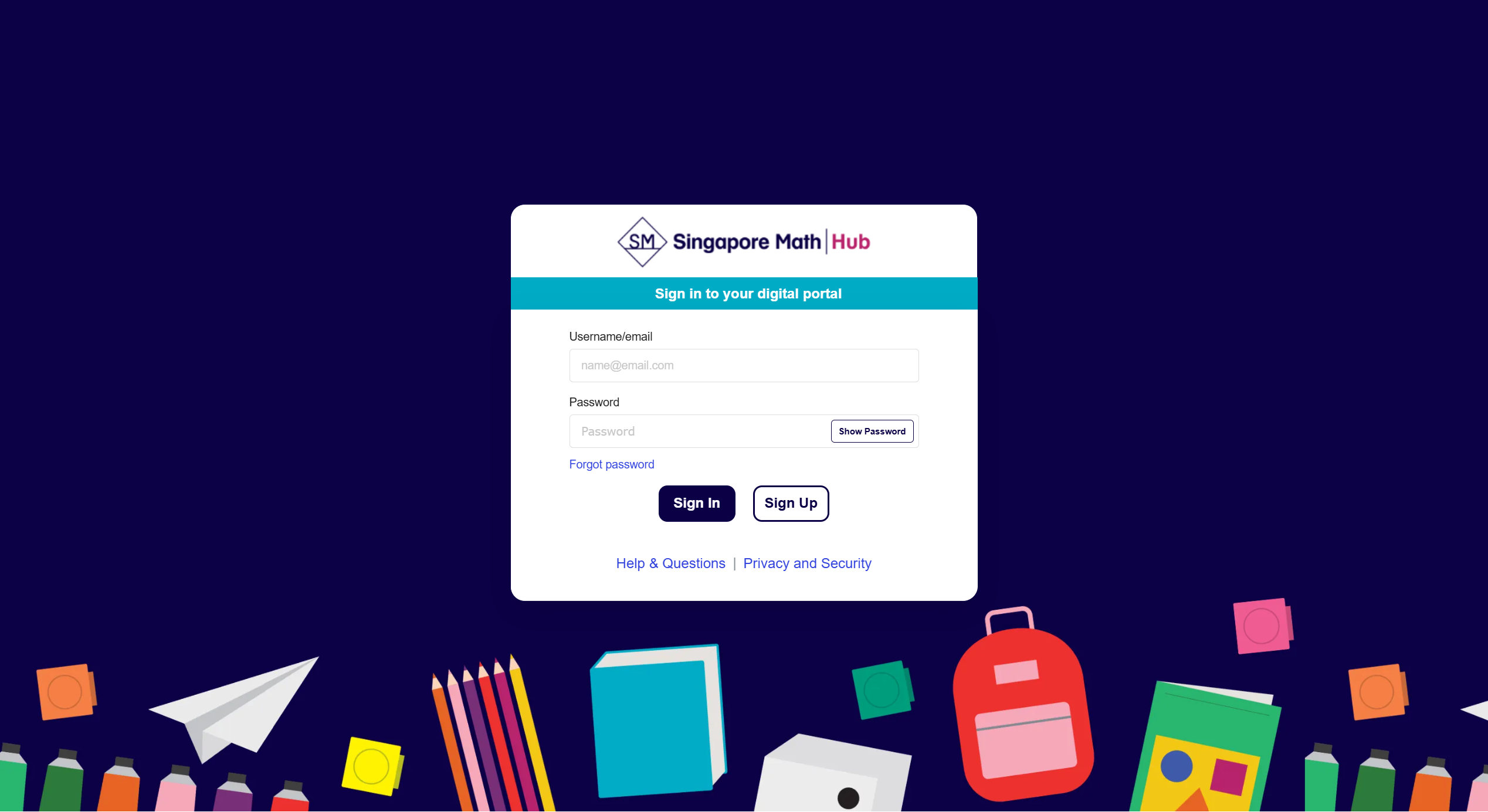 Login page for the Singapore Math Hub