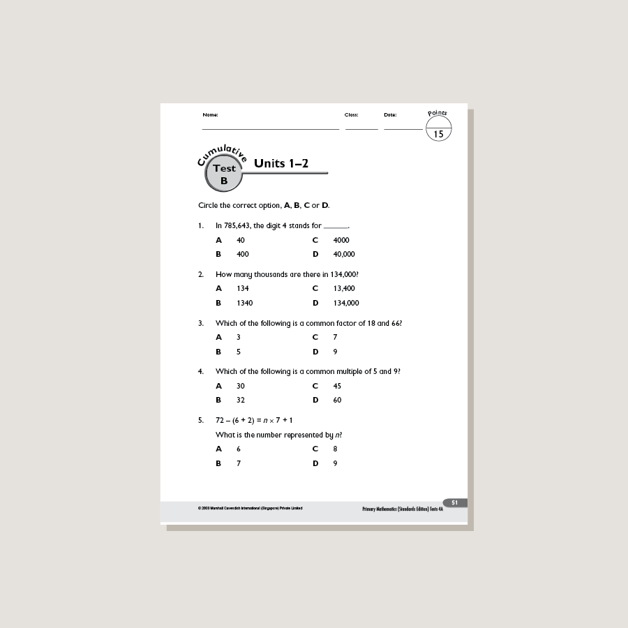 Primary Mathematics Standards Edition Tests 4A