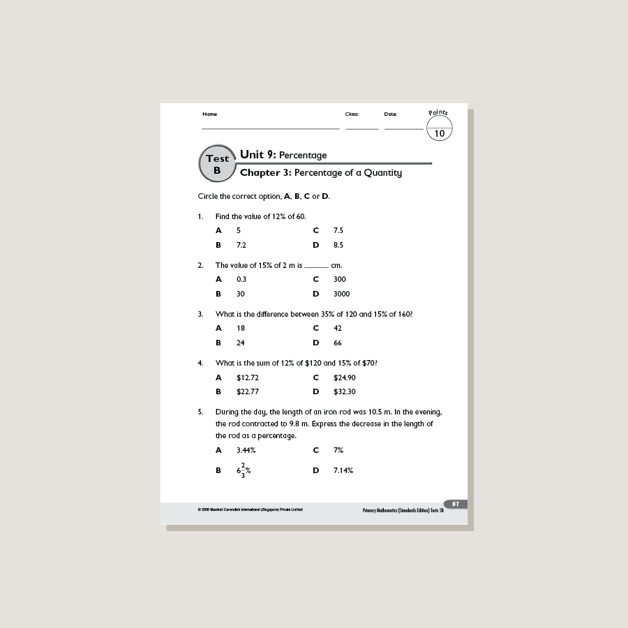 Primary Mathematics Standards Edition Tests 5B – Singapore Math Inc.